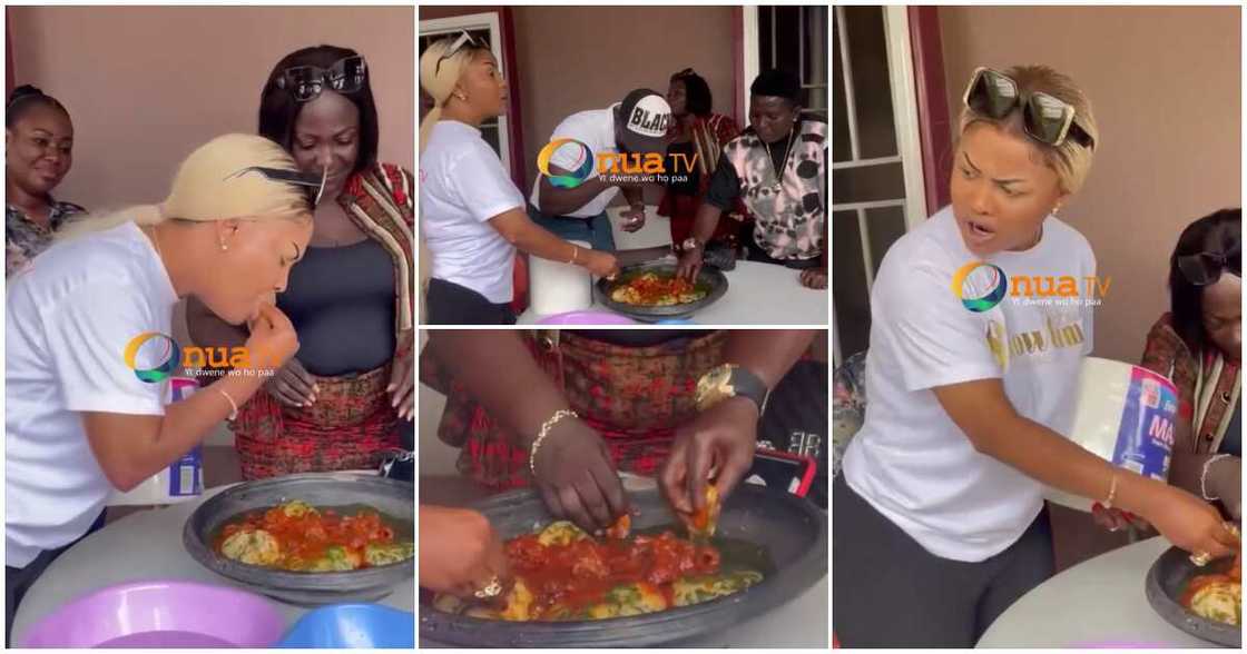 Nana Ama McBrown eating a large bowl of Tuo Zafi Nana Ama McBrown eating a large bowl of Tuo Zafi