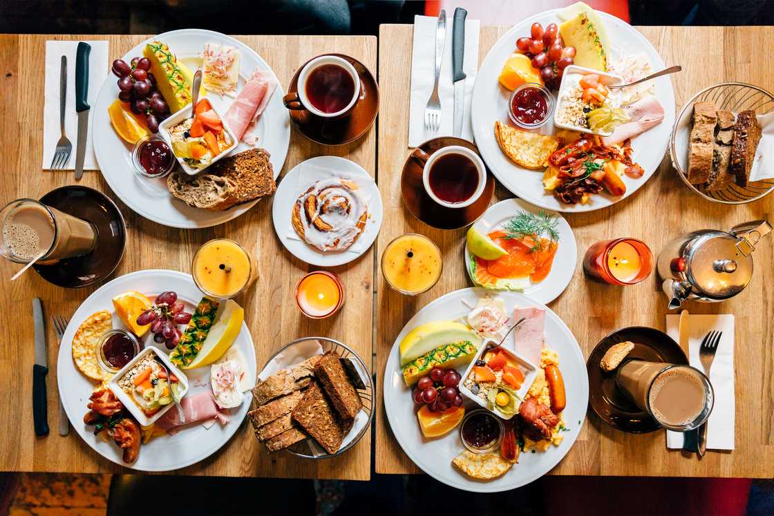 Delicious brunch spread on a table from above. Delicious brunch spread on a table from above.