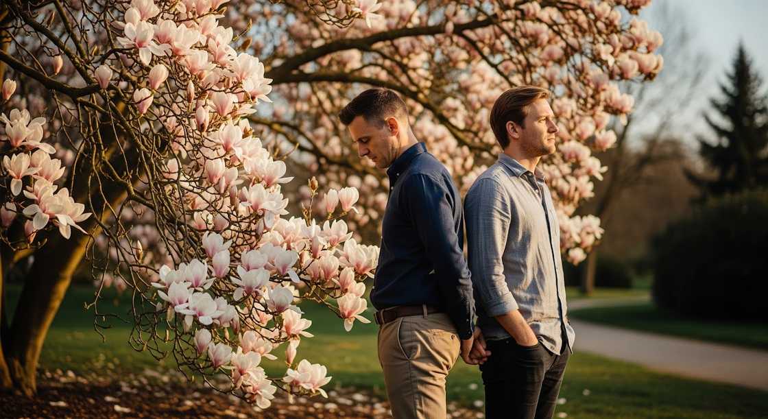 Two people standing back-to-back under blooming tree. Two people standing back-to-back under blooming tree.