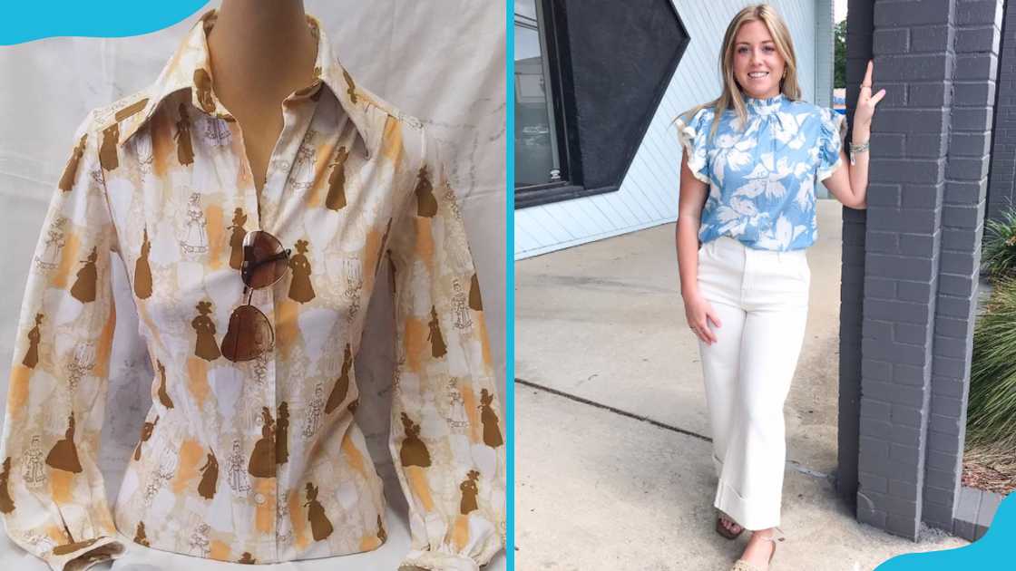 Button-up blouse and a lady in a pair of white high-waisted pants Button-up blouse and a lady in a pair of white high-waisted pants