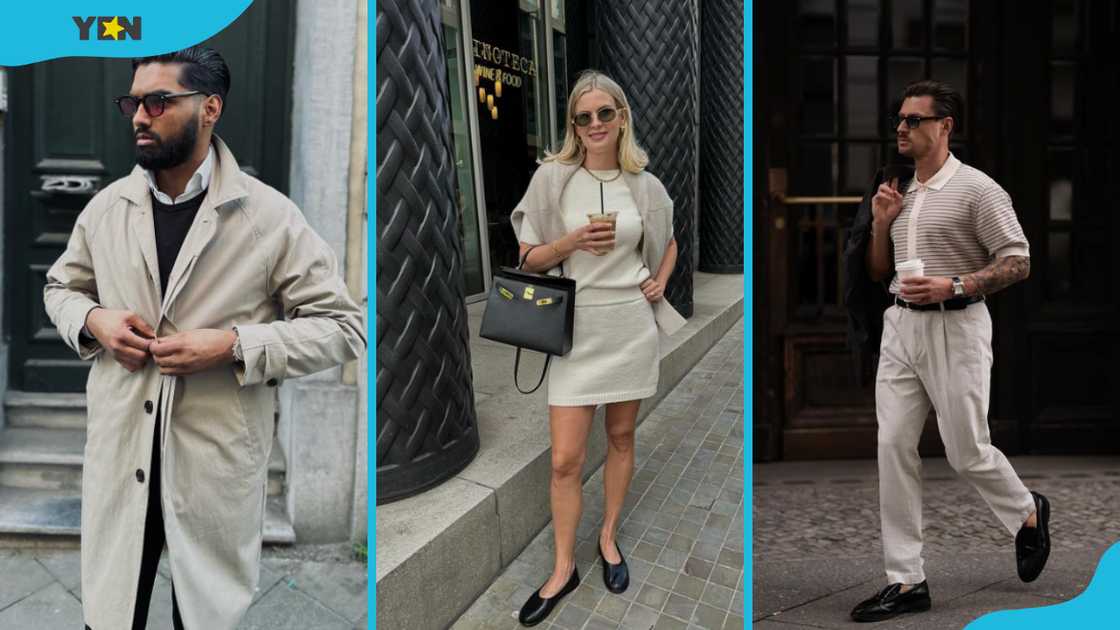 A man in a beige trench coat (L), a lady in a black leather shoes (M), and a man in white dress pants (R). A man in a beige trench coat (L), a lady in a black leather shoes (M), and a man in white dress pants (R).