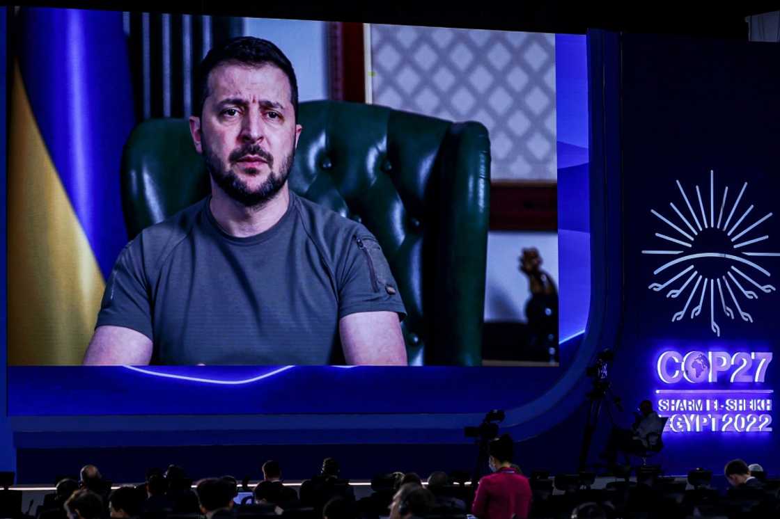 Ukrainian President Volodymyr Zelensky delivers a speech by video link to the COP27 climate conference, on November 8, 2022 Ukrainian President Volodymyr Zelensky delivers a speech by video link to the COP27 climate conference, on November 8, 2022