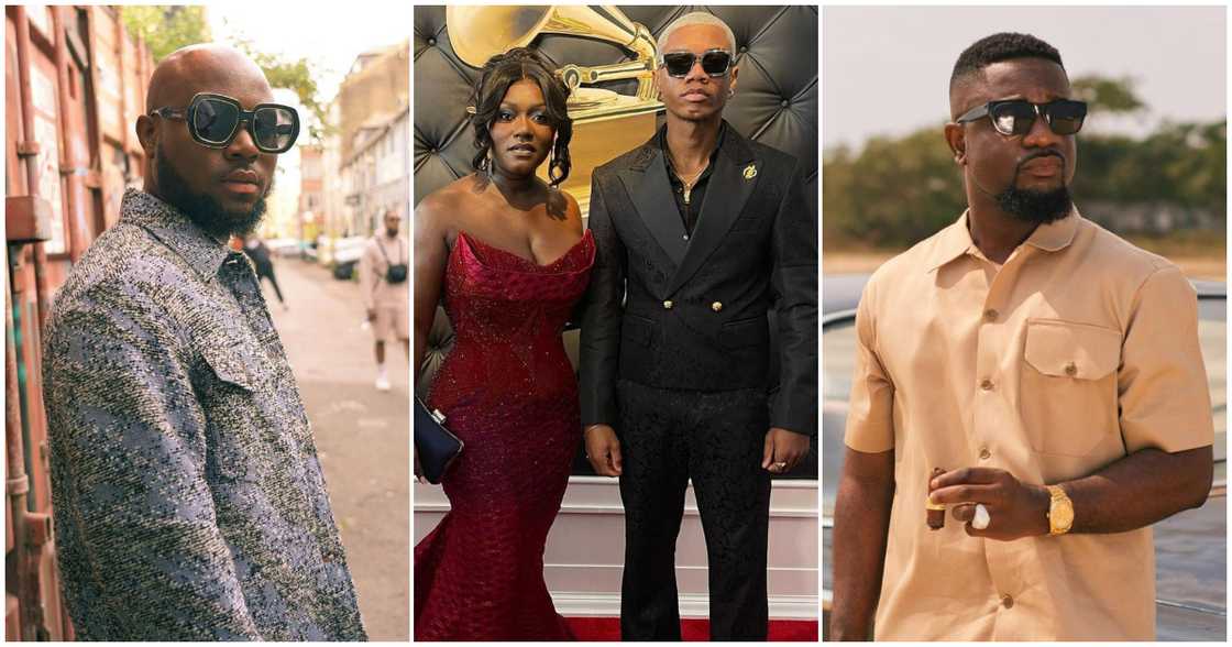 King Promise (left), Dentaa and KiDi (middle) and Sarkodie (right) in photos.