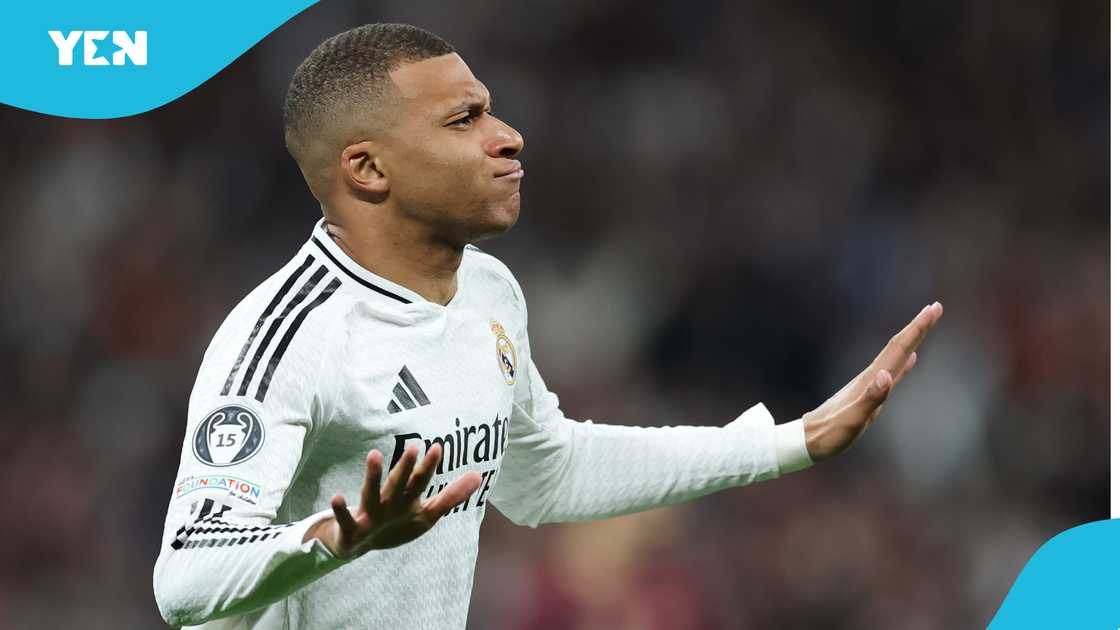 Kylian Mbappe of Real Madrid celebrates scoring his team's first goal during the UEFA Champions League 2024/25 League Knockout Play-off second leg match between Real Madrid and Man City at Santiago Bernabeu Stadium on February 19, 2025 in Madrid, Spain. Kylian Mbappe of Real Madrid celebrates scoring his team's first goal during the UEFA Champions League 2024/25 League Knockout Play-off second leg match between Real Madrid and Man City at Santiago Bernabeu Stadium on February 19, 2025 in Madrid, Spain.