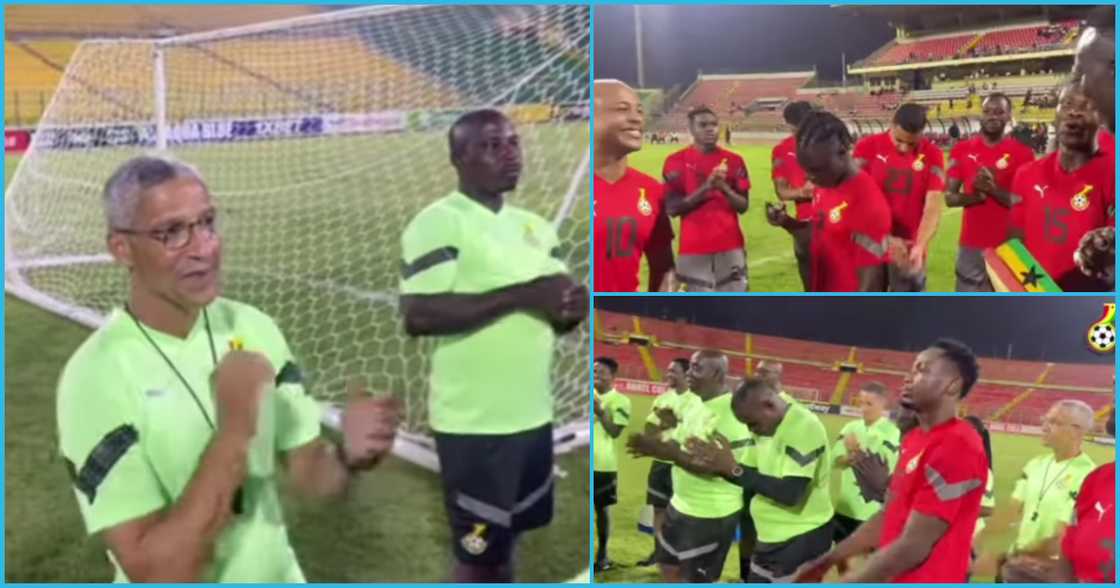 Coach Chris Hughton doing jama with Black Stars players Coach Chris Hughton doing jama with Black Stars players