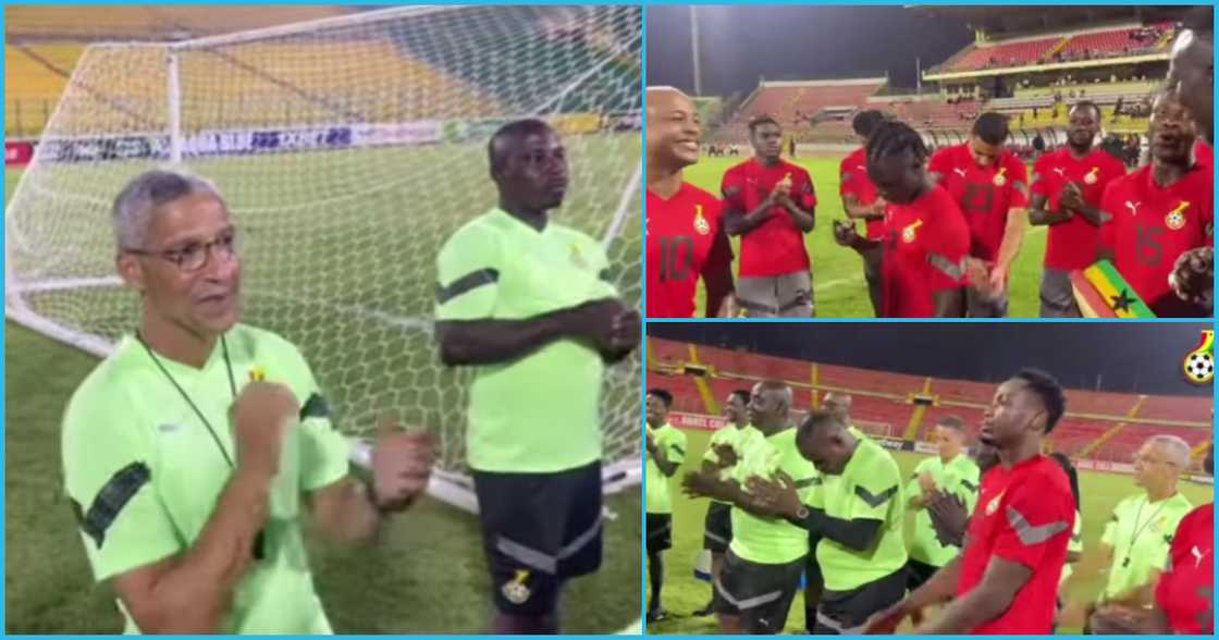 Coach Chris Hughton doing jama with Black Stars players