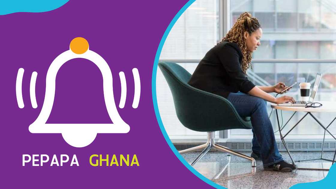 PePaPa Ghana logo and a woman sitting in a cafe while working on her phone PePaPa Ghana logo and a woman sitting in a cafe while working on her phone