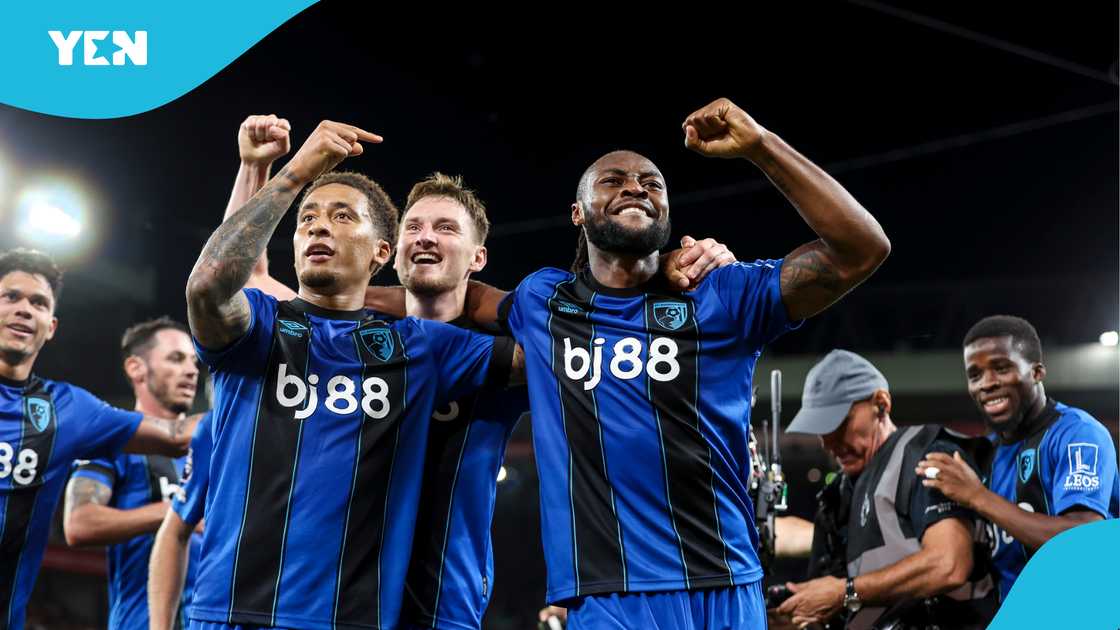 Antoine Semenyo and his Bournemouth teammates celebrate after scoring against Liverpool at Anfield on August 15, 2025. Photo by Robin Jones - AFC Bournemouth.