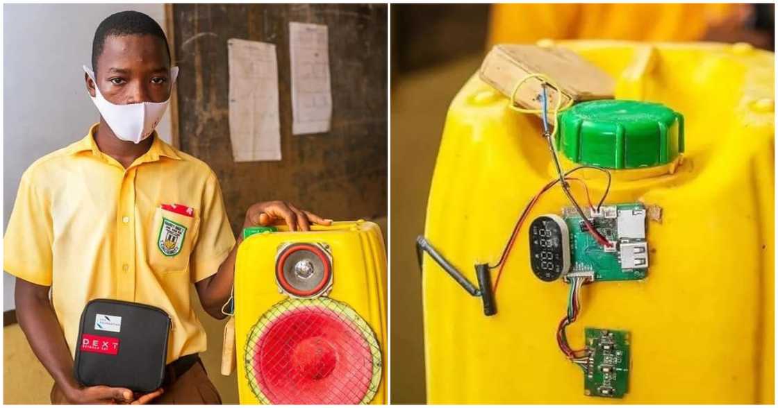 Samuel Aboagye builds a sound system with Bluetooth technology into a plastic waste gallon