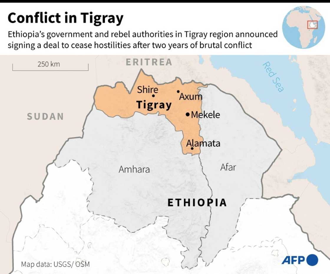 Map of the Tigray region and neighbouring Afar and Amhara in Ethiopia Map of the Tigray region and neighbouring Afar and Amhara in Ethiopia