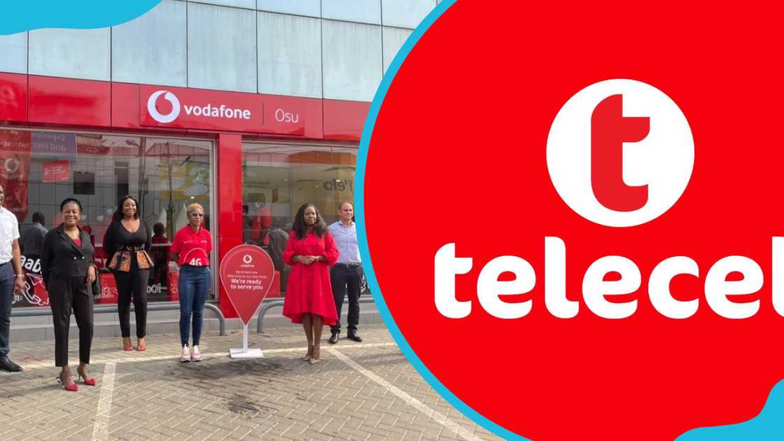 Telecel Ghana staff outside their offices in Ghana and official logo Telecel Ghana staff outside their offices in Ghana and official logo