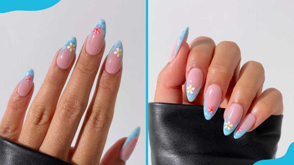 Flower almond French tip nails Flower almond French tip nails