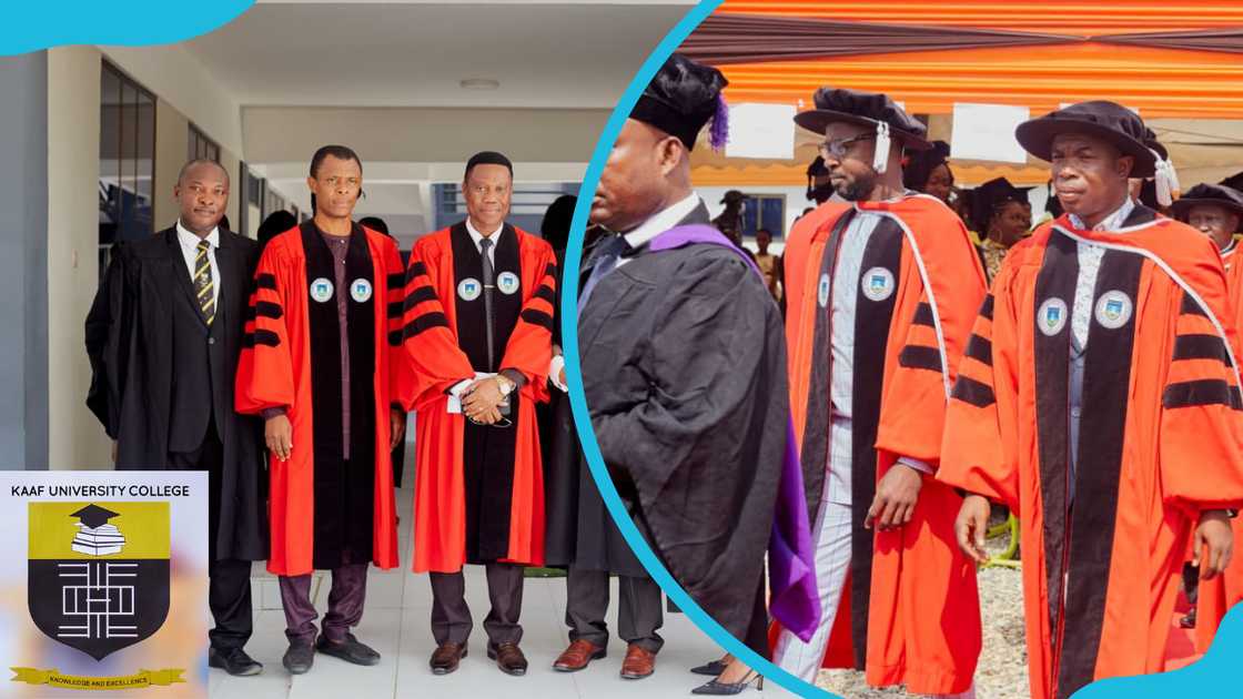 KAAF University College staff members in academic regalia and the KAAF logo