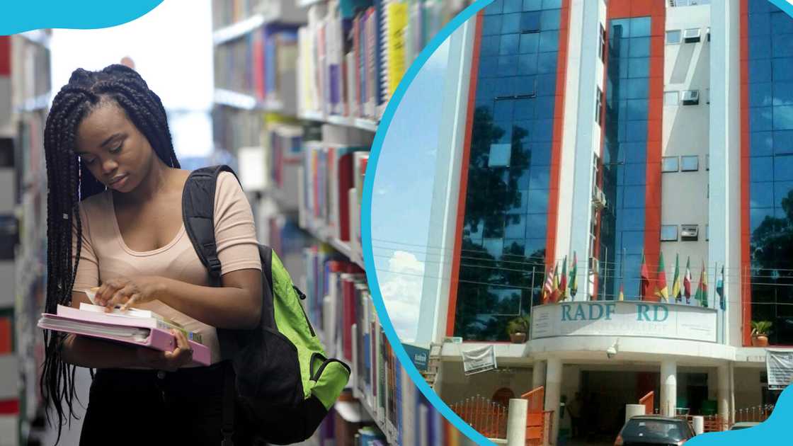 Female student in library and the RUC logo