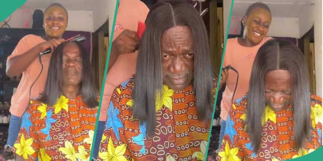 Girl shares father's reaction after putting her wig on his head