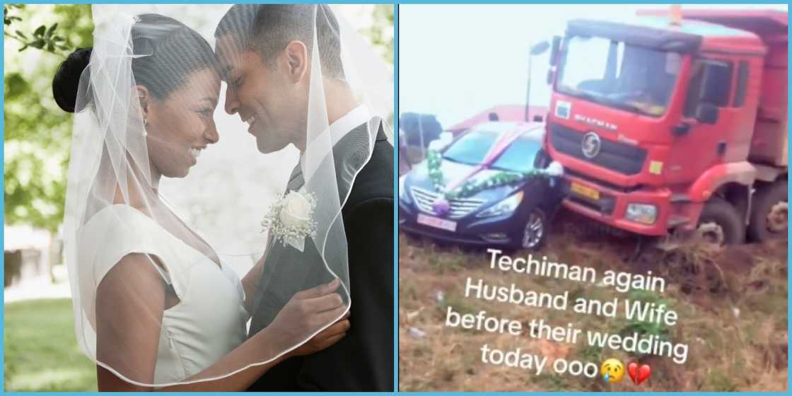 A couple has been left unharmed after their vehicle collided with a truck on their wedding day.