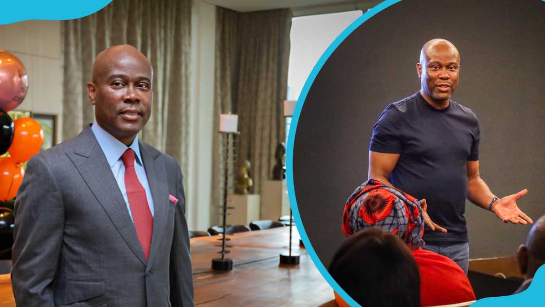 Herbert Wigwe stands next to colourful balloons (L). The banker addressing a group of people (R)