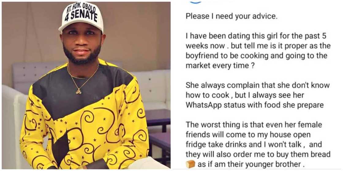 Nigerian man seeks advise on his girlfriend, says she complains not to know how to cook but posts food on her status Nigerian man seeks advise on his girlfriend, says she complains not to know how to cook but posts food on her status
