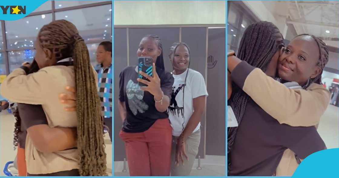 Photo of a Ghanaian embracing her relative at the airport. Photo of a Ghanaian embracing her relative at the airport.