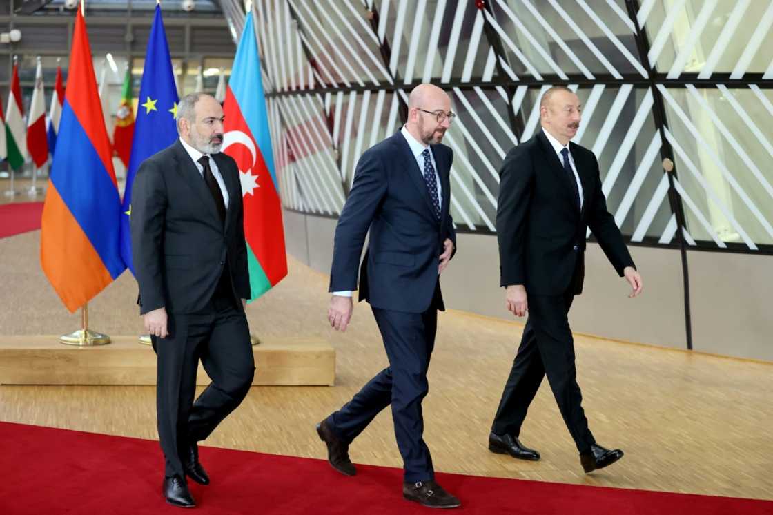 Armenian Prime Minister Nikol Pashinyan (L), President of the European Council Charles Michel (C) and Azerbaijan's President Ilham Aliyev meet in Brussels in April 2022 amid renewed tensions over the disputed region of Nagorno-Karabakh Armenian Prime Minister Nikol Pashinyan (L), President of the European Council Charles Michel (C) and Azerbaijan's President Ilham Aliyev meet in Brussels in April 2022 amid renewed tensions over the disputed region of Nagorno-Karabakh