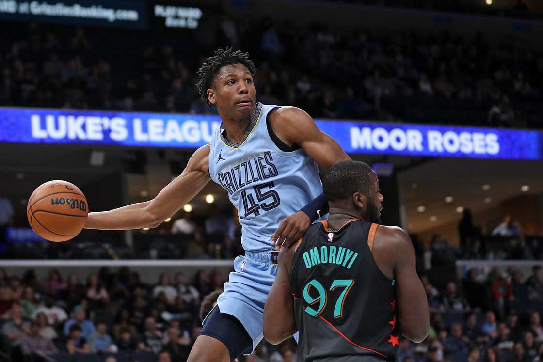 GG Jackson of the Memphis Grizzlies looks to pass against Eugene Omoruyi