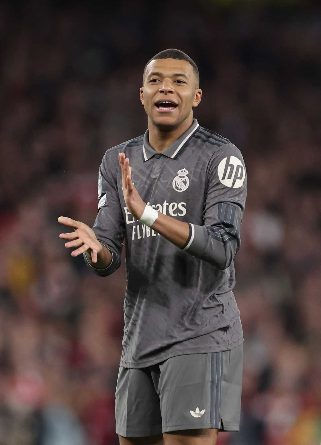 Kylian Mbappe of during the UEFA Champions League 2024/25 Quarter Final First Leg match between Arsenal FC and Real Madrid C.F. at Arsenal Stadium on April 08, 2025 in London, England Kylian Mbappe of during the UEFA Champions League 2024/25 Quarter Final First Leg match between Arsenal FC and Real Madrid C.F. at Arsenal Stadium on April 08, 2025 in London, England