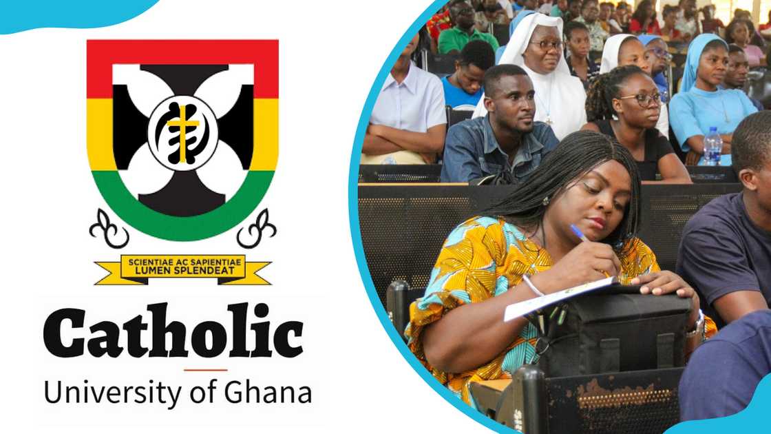 The Catholic University College of Ghana logo and students listening during a public lecture