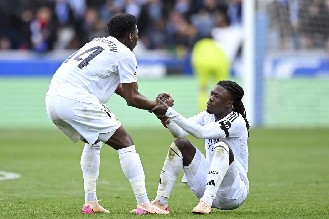Aurelien Tchouameni of Real Madrid, Eduardo Camavinga of Real Madrid celebrating the victory after the match during the LaLiga EA Sports match between Deportivo Alaves v Real Madrid at the Estadio de Mendizorroza on April 13, 2025 in Vitoria Gasteiz Spain Aurelien Tchouameni of Real Madrid, Eduardo Camavinga of Real Madrid celebrating the victory after the match during the LaLiga EA Sports match between Deportivo Alaves v Real Madrid at the Estadio de Mendizorroza on April 13, 2025 in Vitoria Gasteiz Spain