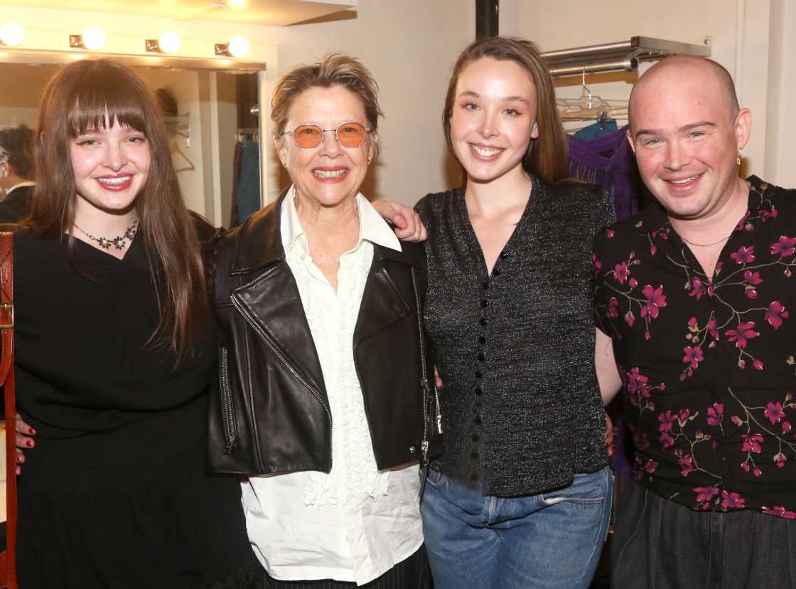 L-R: Isabel, Annette Bening, Ella, and Stephen Ira Beatty pose backstage at the hit play "Appropriate" on Broadway at The Belasco Theatre in New York City. L-R: Isabel, Annette Bening, Ella, and Stephen Ira Beatty pose backstage at the hit play "Appropriate" on Broadway at The Belasco Theatre in New York City.