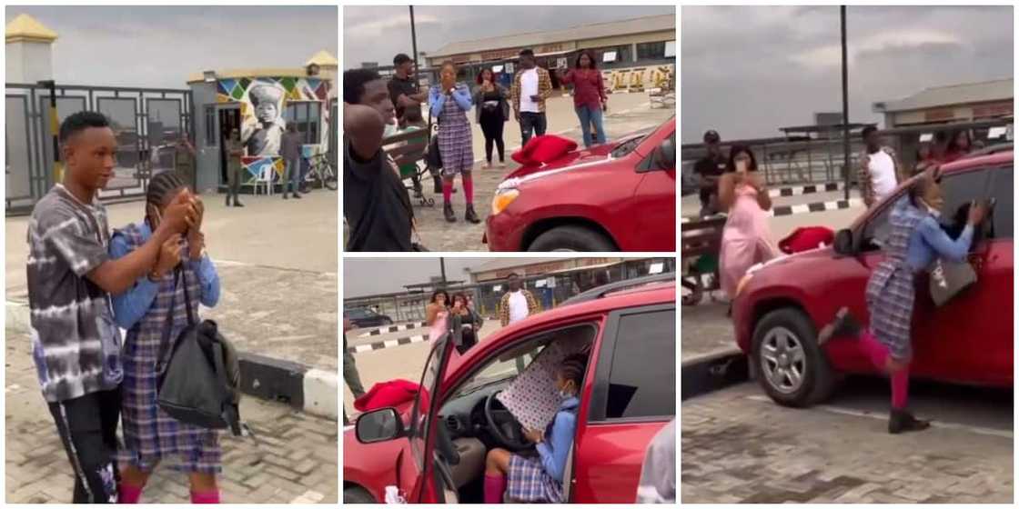 Nigerians react as young man gifts his JSS 1 girlfriend a new SUV car in video Nigerians react as young man gifts his JSS 1 girlfriend a new SUV car in video