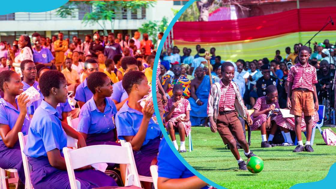 School girls after receiving pads donations and school boys showcasing their football skills