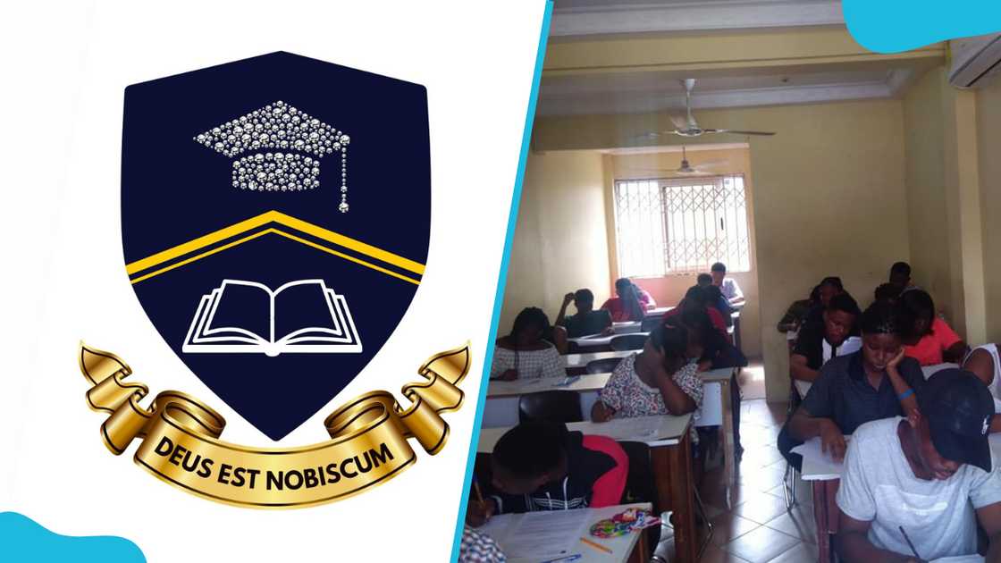 Logo of Supreme International College Ghana and students attending a class in a classroom setting.