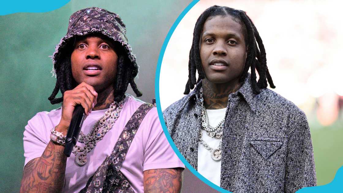 Rapper Lil Durk performing (L) and posing at an NFL game (R).