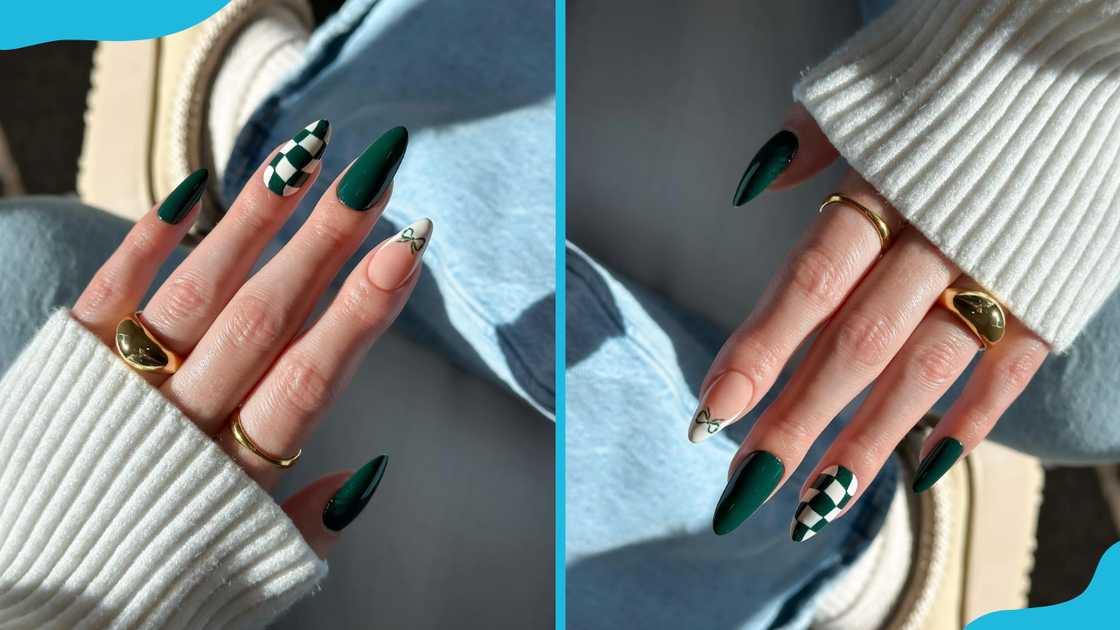 Checkerboard and bow accents green nail design Checkerboard and bow accents green nail design