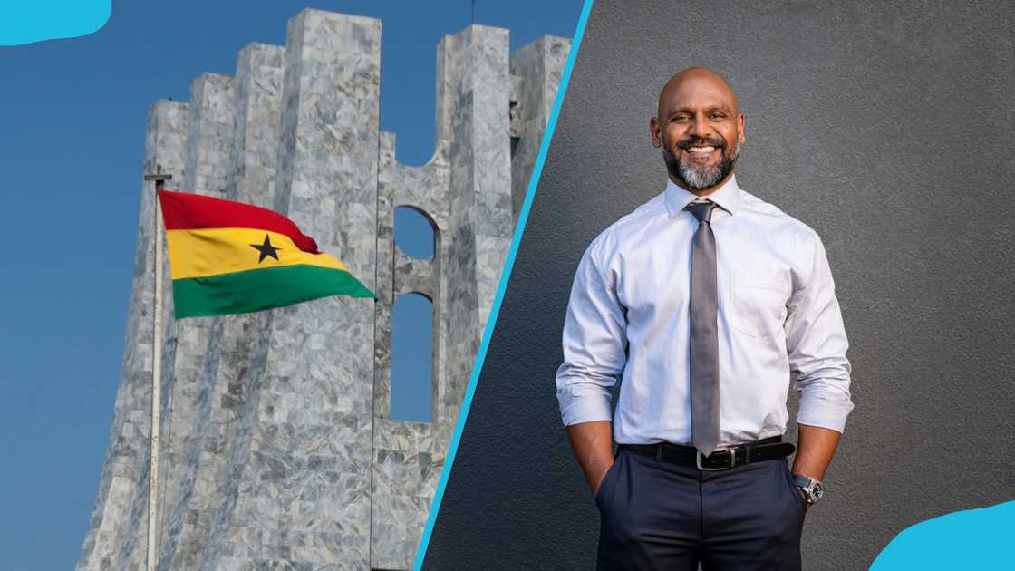 The Ghana flag (L) and a man standing while pocketing (R)