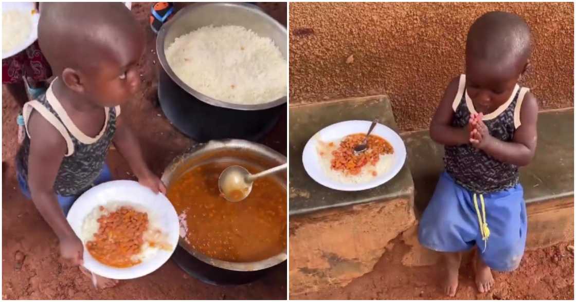 Photos from video of boy showing gratitude and praying before eating