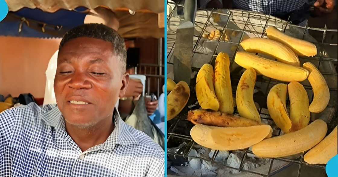 Ghanaian man, roasted plantain, business, middle-aged, cater for his children.