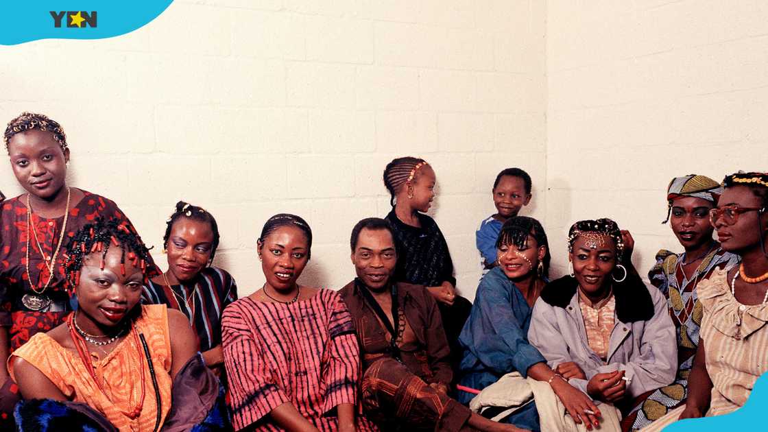 Afro Beat band leader Fela Kuti with his wives and his two children, backstage, Forest National Theatre, Brussels, Belgium. Afro Beat band leader Fela Kuti with his wives and his two children, backstage, Forest National Theatre, Brussels, Belgium.