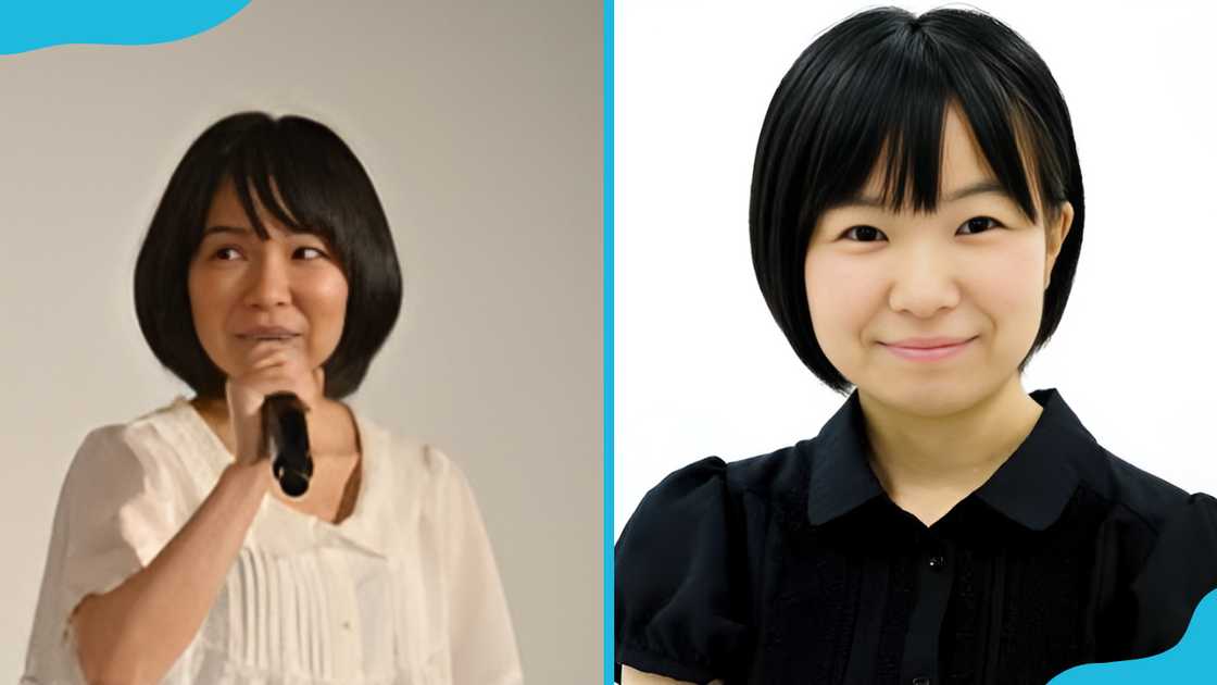 Kokoro Kikuchi is standing against a grey background (L). She is smiling for a photo (R) Kokoro Kikuchi is standing against a grey background (L). She is smiling for a photo (R)