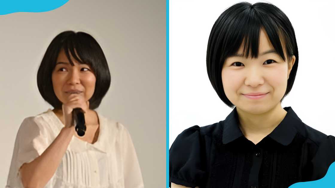 Kokoro Kikuchi is standing against a grey background (L). She is smiling for a photo (R)