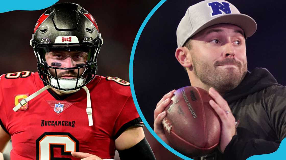 Baker Mayfield in his jersey (L) and preparing to throw a ball (R) Baker Mayfield in his jersey (L) and preparing to throw a ball (R)