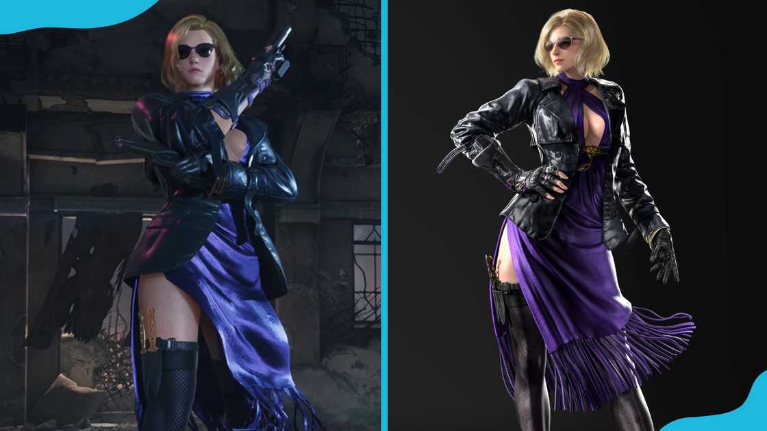 Nina Williams in a dynamic action pose, holding a gun with both hands (L) and in a more relaxed pose, with one hand on her hip (R)
