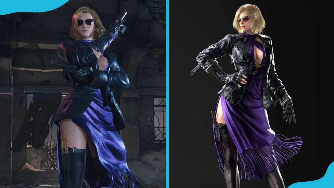 Nina Williams in a dynamic action pose, holding a gun with both hands (L) and in a more relaxed pose, with one hand on her hip (R) Nina Williams in a dynamic action pose, holding a gun with both hands (L) and in a more relaxed pose, with one hand on her hip (R)