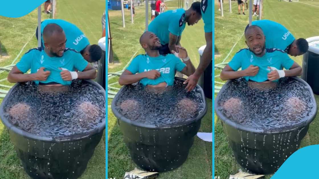 Jordan Ayew, Ghanaian footballer, Crystal Palace, ice bath, basin Jordan Ayew, Ghanaian footballer, Crystal Palace, ice bath, basin