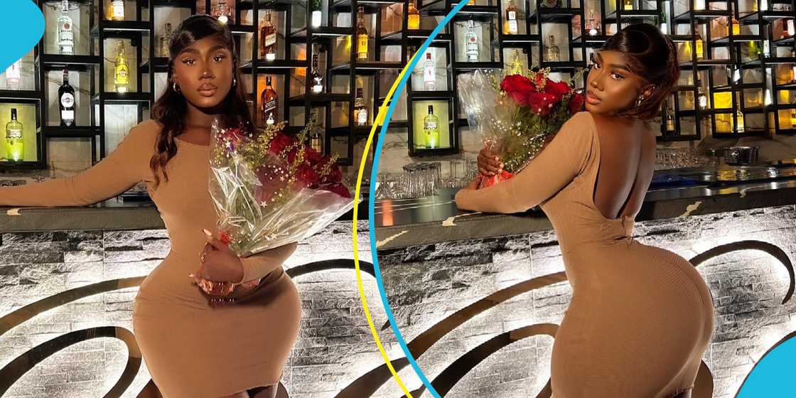 Hajia Bintu in a brown dress at a bar Hajia Bintu in a brown dress at a bar