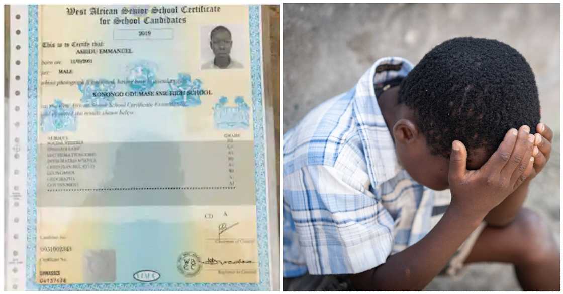 Photo of Emmanuel Asiedu's results and a boy looking sad Photo of Emmanuel Asiedu's results and a boy looking sad