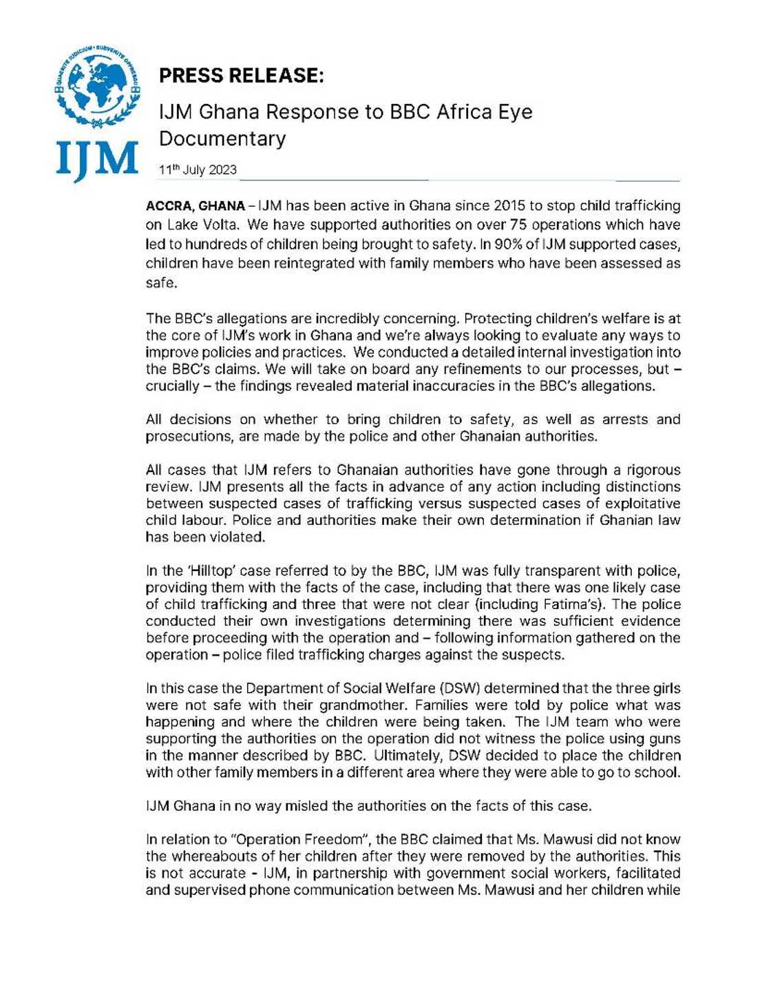 IJM statement IJM statement