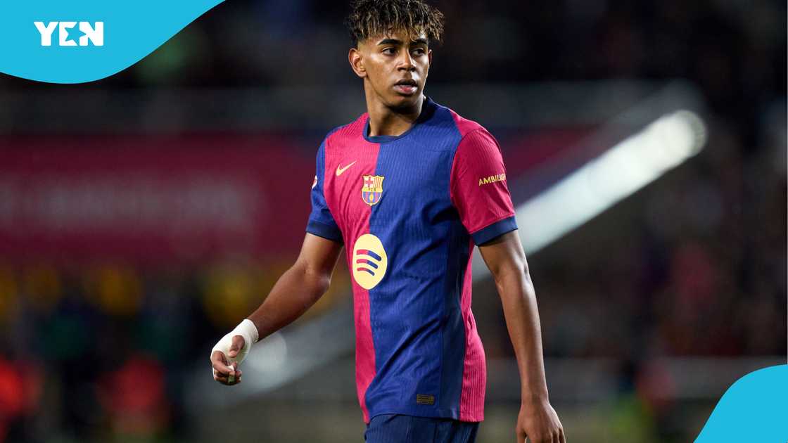 Lamine Yamal of FC Barcelona looks on during the La Liga EA Sports match between FC Barcelona and RCD Mallorca at Estadi Olimpic Lluis Companys on April 22, 2025 in Barcelona, Spain Lamine Yamal of FC Barcelona looks on during the La Liga EA Sports match between FC Barcelona and RCD Mallorca at Estadi Olimpic Lluis Companys on April 22, 2025 in Barcelona, Spain