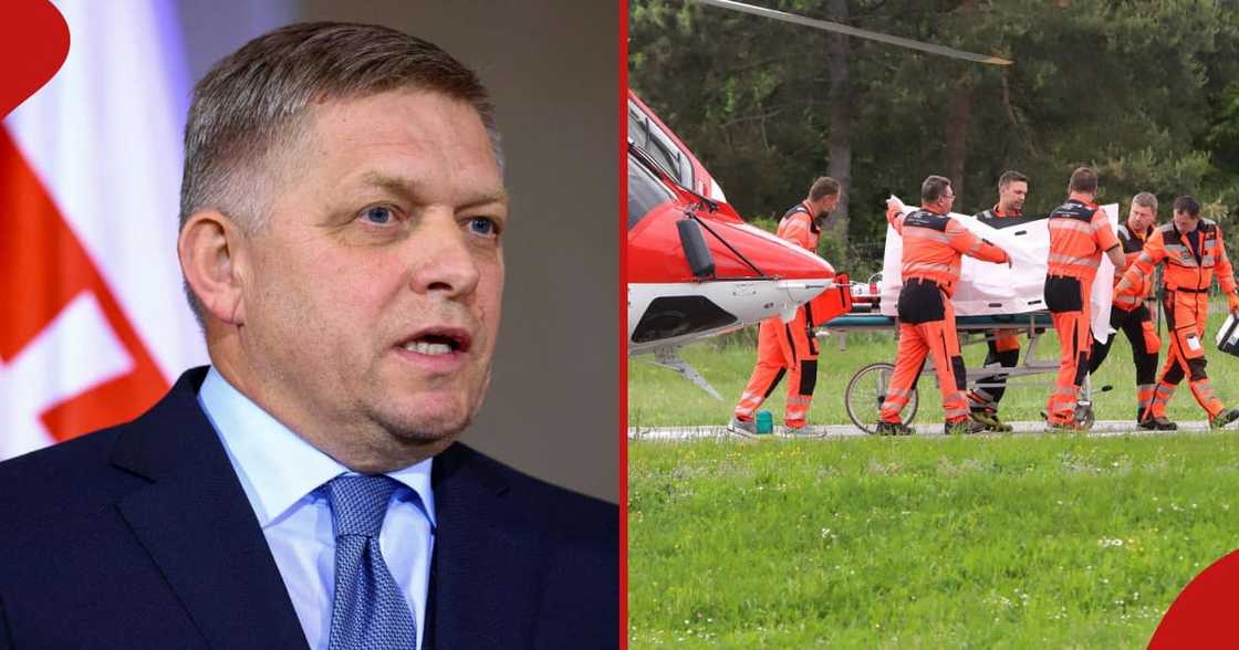lovak Prime Minister Robert Fico (l) was shot multiple times. (R) Fico being transported to hospital. lovak Prime Minister Robert Fico (l) was shot multiple times. (R) Fico being transported to hospital.