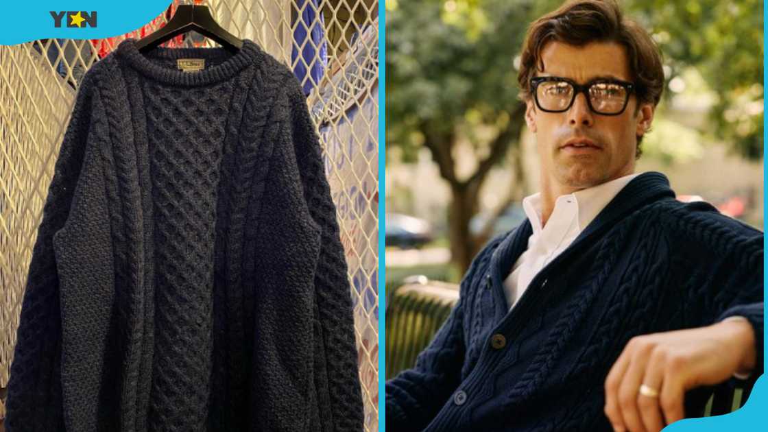 A fisherman's sweater on display (L) and a man wearing a fisherman's sweater (R). A fisherman's sweater on display (L) and a man wearing a fisherman's sweater (R).